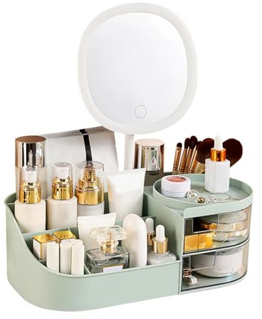 DASITON Make up Organizer mit Spiegel,Make up Pinselhalter mit 2 Schubladen,Multifunktionale Makeup Organizers Kosmetikaufbewahrung,Große Kosmetik Schminke Organizer für Schlafzimmer,Badezimmer(Grün)