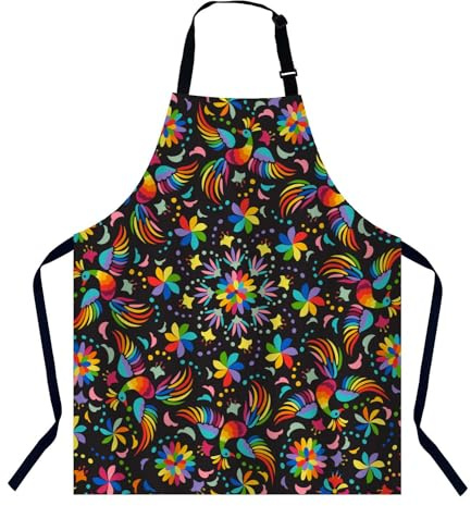 BGBDEIA Delantal de cocina mexicano con diseño de arcoíris con pájaros y flores para mujeres y hombres, delantal ajustable para cocinar, hornear, jardinería, Flores mexicanas, 27 X 31 Inch