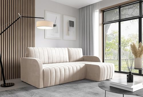 LIKMA Ecksofa Otto L-Form 224 cm Creme Moderne Sofas & Couches - Velvet Sofa mit Schlaffunktion - Schlafsofa mit Bettkasten - Wohnlandschaft mit Bettzeugbehälter, Stoff: Jasmine 21