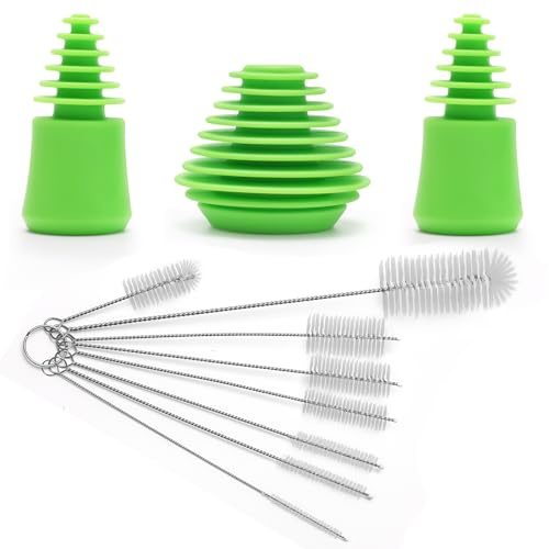 COITEK Silicone Cleaning Plugs, 3PCS Silicone Stoppers, 8PCS Stainless Steel Bottle Brushes Set for Glass Water Pipes, Straws, Bottles (Green)