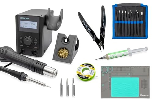 QUICK 707D+ 2-in-1 Reworkstation Sensor-geregelt und digital einstellbar 800 Watt, Heißluft 100-500°C bis 30L/min, 70 Watt Lötkolben bis 480°C - SMD Reworkstation mit 6-teiligem Zubehör-Set