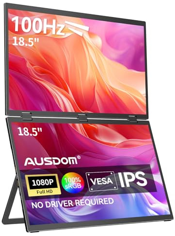 AUSDOM Portable Dual Screen Monitor 18.5, 100Hz, 1080P, Large External Foldable Stackable Laptop Monitor, Travel Extender, Dual Win/Mac Mobile Computer, Black