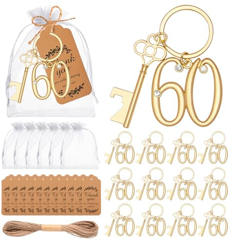 24Pcs 60th Key Bottle Openers Keychain Bulk 60th Birthday Party Favors, 60th Gold Beer Key Chain Ring Bottle Opener 60 Wedding Anniversary Return Gifts Party Decorations or Souvenirs for Guests
