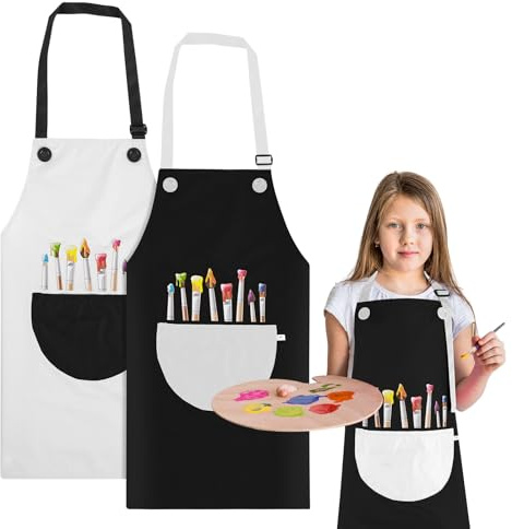 Molain 2 delantales de pintura para niños, bata de pintura para niños con bolsillo, delantal escolar, delantal de cocina para niños, para pintar, cocinar, hornear, jardinería, arte DIY (gris y negro),