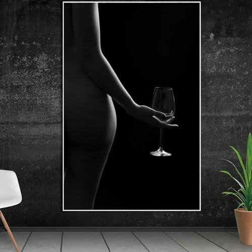 Gemälde „Sexy nackte Frau mit Weinglas“, Leinwandbild, Schwarz-Weiß-Kunst, nackter Körper, Poster und Drucke für Wohnzimmer, Zuhause, 50 x 70 cm, rahmenlos