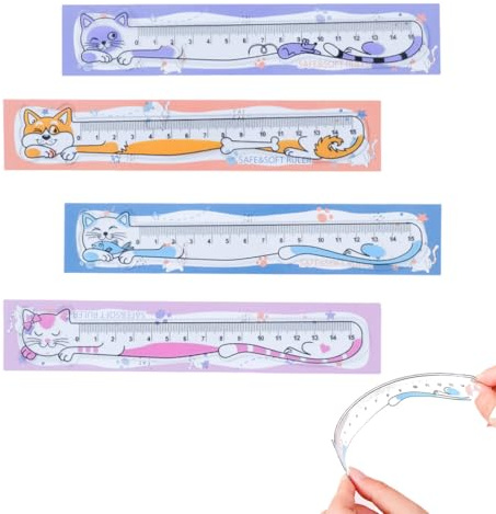 SULIUDAJI 4 Pezzi Righello in Plastica,Righello Trasparente da 15 cm,Flessibile, con Motivo del Gatto,per Bambini e Studenti, Leggero, Articoli per la Scuola e l'Ufficio