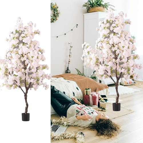 Künstlicher Baum Japanischer Kirschblüten-Weihnachtsbaum zur Dekoration, Realistische Kunstblumenpflanzen für Drinnen und Draußen, Künstliche Moderne Zweige, Immergrüne Töpfe(Light Pink,H 120cm(3.9ft)