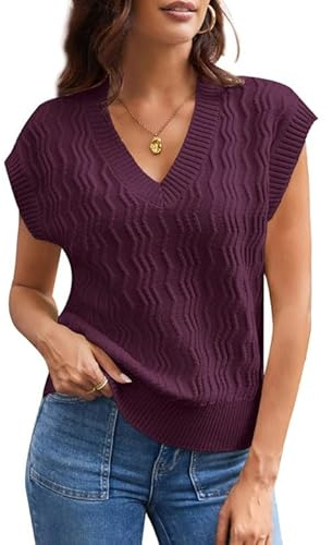 GRACE KARIN Maglione da donna con scollo a V a coste, senza maniche, casual, con maniche ad ali, Viola profondo, M