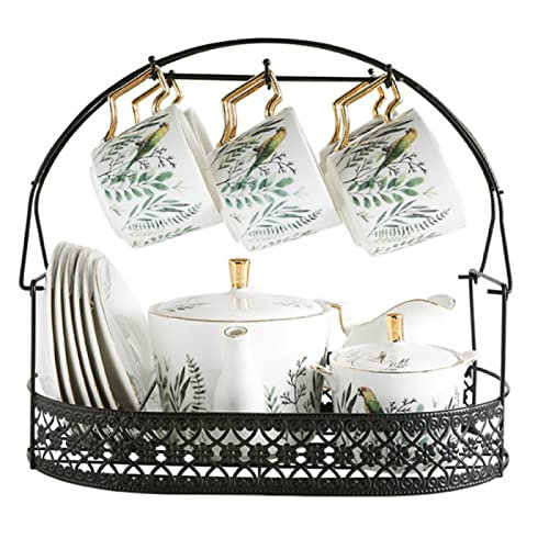 KJULKJKHJ Service à thé de l'après-midi pour Adultes, Ensemble Tasse à thé et Soucoupe, Service pour 6 Services à thé avec théière Vintage avec Support en métal