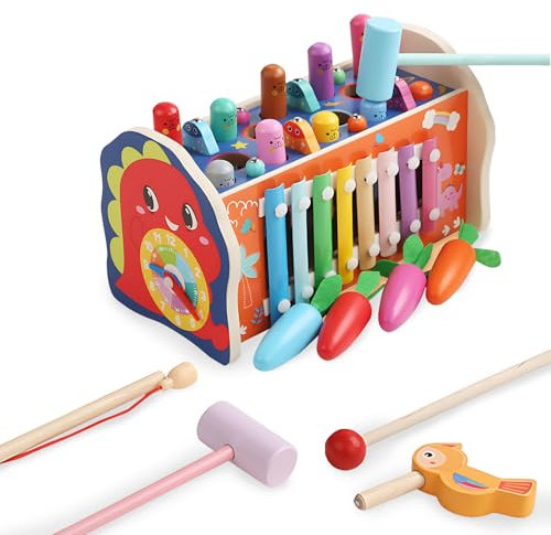Kingbar 8-in-1 Montessori Holzspielzeug, Xylophon, Hammerspiel, Angelspiel, Karotte, Würmer Fangen, Zahnräder Und Uhr, Mädchen Junge Motorikspielzeug, Geschenk, 8 in 1