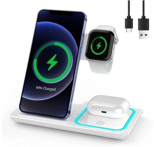 TEQY Caricatore Wireless 3 in 1, Stazione di Ricarica 18W per iPhone, Apple Watch e AirPods, Bianco