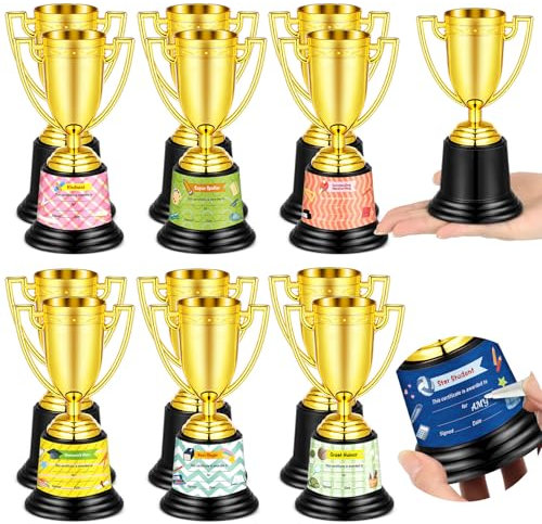 12 Pcs Bulk Mini Trophies 5.7 Inch Plastic Gold Trophy Cups with Award Certificates Stickers for Student Recognition Rewards End of Year Sports Tournament Winning Prizes Party Favor Competition Office