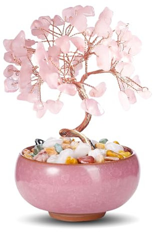 WEILAOK Crystal Tree of Life, Rose Quartz Crystals, Money Tree, Gemstone Tree with Ceramic Flower Pot, Tree of Life Gifts for Womens, Fengshui Ornament for Home Office Room House, Gift for Christmas