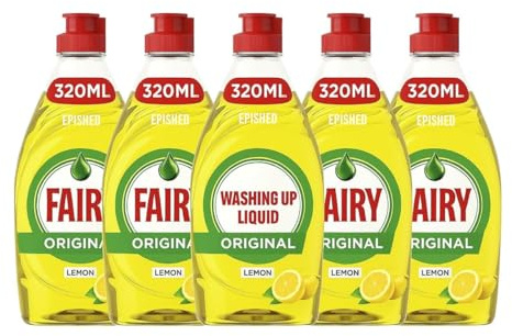 5 X Fairy Lemon Washing Up Liquid 320ml Bottles Powerful Grease-Cutting Dishwashing Liquid Concentrated Formula Long-Lasting Fresh Scent Gentle on Hands Kitchen Cleaning Essential