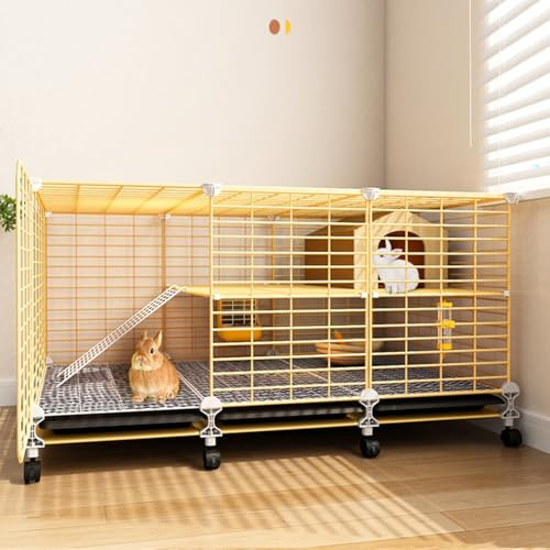Kaninchenkäfig Indoor Stall mit 360° Universalrollen - 2-lagiges Design mit Schiebewannen für Kaninchen und Frettchen