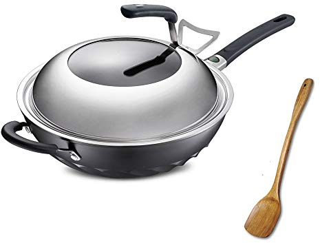 JYBNBBE Sartén de Acero Inoxidable de 12 Pulgadas con Revestimiento Antiadherente de Panal, sartén Grande de Acero con Tapa, Wok Multifuncional.
