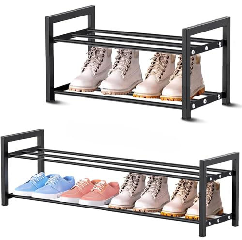 Expandable Schuhregal Schmal 2 Ebenen Adjustable Ausziehbar Klein Metall Schuhaufbewahrung 45 to 80cm, Schwarz Schuhregal Platzsparend für Diele, Flur DraußEn Outdoor Camping