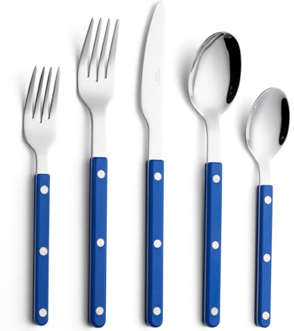 ANNOVA Juego de cubiertos, juego de cubiertos de acero inoxidable retro/rivet de colores, incluye cuchillos, tenedores, cucharas, tenedores para ensalada y cucharas para postre(Azul, 10 piezas)