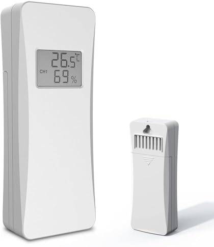ZOYDP Sensore Esterno per BALDR, Sensore Esterno per Stazione Meteo, Temperatura Esterna e Umidità, sensore esterno Temperatura 433 Mhz per Parete Balcone Serra, con display, Bianco