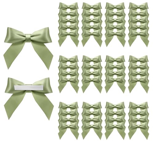 Acsatont 50 Stück Schleifen Kleine Deko, Satinband Schleifen Selbstklebend, Geschenkschleifen zum Basteln für Geschenkverpackungen, Valentinstag Hochzeit Weihnachten (Grün)