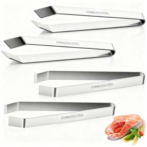 LXUEJIE 4 Stück Grätenzange Küchenpinzette, 11,5cm Grätenpinzette Fischgrätenpinzette Edelstahl Fischpinzette Fischgrätenzange Koch Gräten Pinzette Flach und Slant Zange für fisch Huhn Ente Schwein