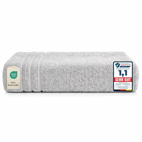 Komfortec badhandduk 100 x 200 cm tillverkad av 100% bomull, bastuhandduk XXL, mjuk, stor, frotté, snabbtorkande, silver