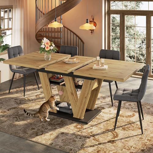 ECLIVON Esstisch Ausziehbar mit W-förmigen Beinen, Holz Tischplatte in Schwarz+Natur, 119-158.5x80 cm, Esszimmer Tisch Küchentisch mit Stauraumregal für 4-6 Personen, Esszimmertisch Rechteckige