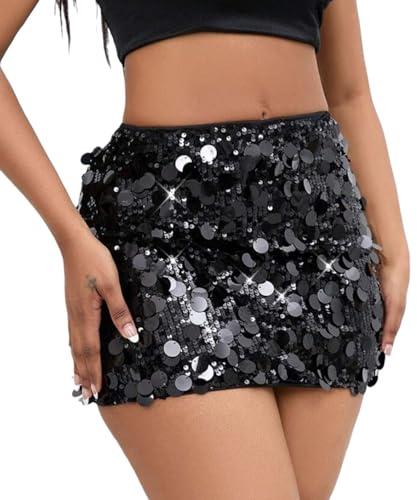 MUNSKT Sequin Skirt Women,Stretchy Bodycon Sequin Mini Skirt,Wrapped Glitter Dress for Out Party Club Date (UK, Waist, S, Regular, Regular, Black)