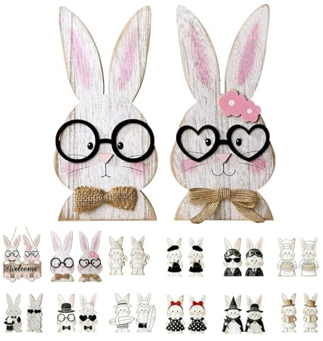 2PC Easter Bunny Wooden Figures, Large Stand, Easter Bunny Decoration, 18 cm Easter Decoration, Rabbit, Easter Bunny, Wood for Standing, for Outdoors, Table Decoration, Garden
