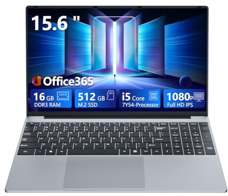 15,6 Pulgadas Ordenador Portátil Core i5 7Y54 Procesador 16GB RAM 512GB SSD Office 365 PC Portátil Win 11 Laptop 1920*1080 FHD Pantalla Computadora Portátil HDMI USB3.0 Teclado Numérico Retroiluminado