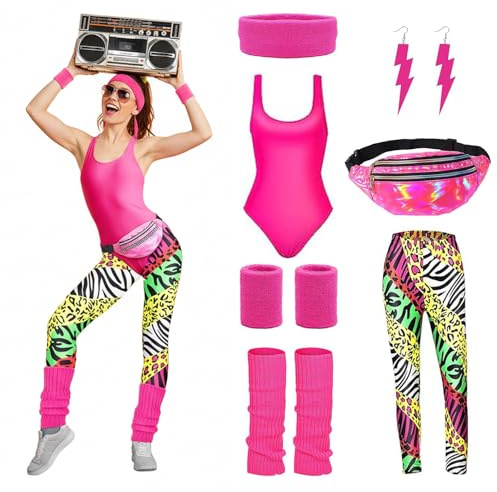 KEORHEZ 80er Jahre Outfit Damen, 90er Jahre Outfit Damen, 80er Jahre Outfit, mit Bringen Sie Stirnbänder, Armbänder, Ohrringe, Badeanzüge usw, 80er Jahre Accessoires, Die für Fotopartys Geeignet Sind