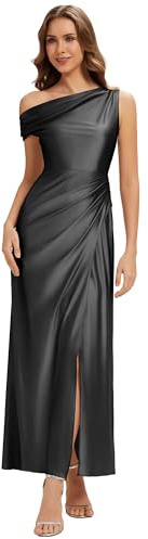 Ever-Pretty Abiti da Damigella Collo Asimmetrico Maniche Corte Satin Maxi Linea Dritta Nero 44