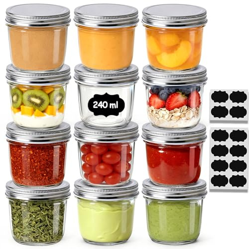 ComSaf Mason Jars with Lids 240ml 12 Pack, Small Glass Jars with Lids | Airtight Small Glass Container for Dry Food Storage, Mini Canning Jars for Homemade Jam, Honey, Chutney, Spice, Meal Prep