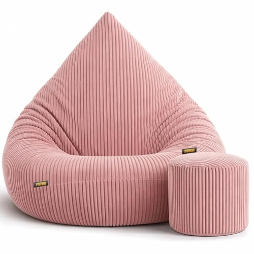 Slevobox Sitzsack mit Hocker 95x95x120cm - Cord XXL Sitzsack Erwachsene mit Füllung - Bean Bag - Schlafzimmer und Wohnzimmer Möbel - Indoor Sitzsäcke - Lounge Sessel