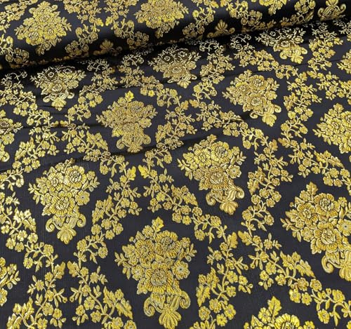 Brokat Stoff Meterware mit gold - Jacquardstoff Blumen Abendmode - eleganter Dekostoff für Tischdecken, Vorhangstoff, Kostüm nähen *Ab 50 cm, Farbe: 169 schwarz-gold