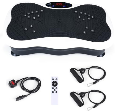 Ruication Vibration Plate Exercise Machine, Vibration Fitness Trainer with Bluetooth Speaker and Resistance Bands, Auto or Manual Speed Control, Home Exercise Equipment for Fitness Body Toning White