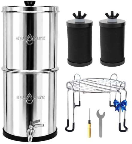 Eaupure Family Filtre à Eau par Gravité 8,5 L | Purificateur d’Eau Maison en Inox avec 2 Cartouches au Charbon Actif | Fontaine à Eau Filtrante Sans Électricité