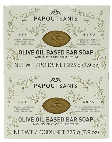 Papoutsanis Greek Olive Oil Based Soap Bar - Natural and Pure Plant-Based Castile Bar Soap - Unscented - Hypoallergenic - (New & Improved Formula infused with Coconut Oil) - 7.9oz Bars, Pack of 4