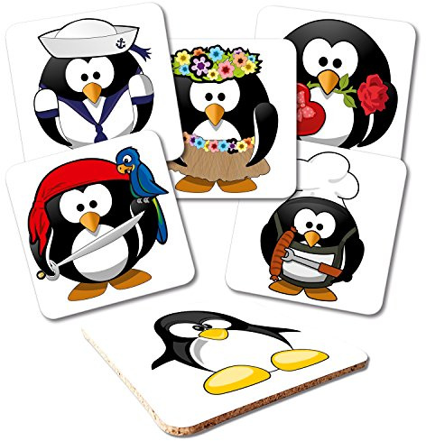 ADDIES Glas-Untersetzer 6-TLG.Set Bedruckt Motiv Cartoon Pinguin Komplett-Set in hochwertiger Klarsicht-Geschenkbox und Korkrückseite Linux