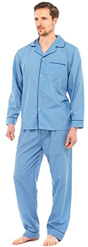 MyShoeStore Men's Traditional 2 Piece Pyjama Set Long Sleeve Button Up Cotton Blend Sleepwear Blue 2XL