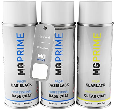 MG PRIME Autolack Spraydosen für Ford 7VTAWWA / PN3GZ0 / A Frozen White +1K | Frost Weiss, Set aus Grundlack + Basislack + Klarlack, Sprühdosen 400ml