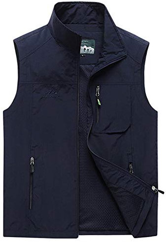 Herren Stehkragen Outdoor Weste mit Vielen Taschen Anglerweste Leicht Safari Weste Sommer Multifunktionsweste Atmungsaktiv Nylon Angeln Weste (XXXXL, Blau)