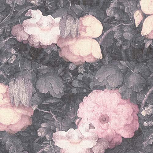 Papier peint motif grosses fleurs vintage gris & rose | Tapisserie florale grise & rose chambre adulte | Papier peint intissé fleuri