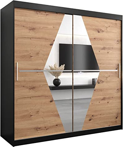 Kryspol Schwebetürenschrank Boliwia 200 cm mit Spiegel Kleiderschrank mit Kleiderstange und Einlegeboden Schlafzimmer- Wohnzimmerschrank Schiebetüren Modern Design (Schwarz + Artisan Eiche)