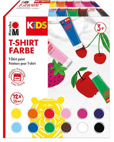 Marabu 0308000000011 - KiDS pintura para camisetas, pintura para tejidos para diseñar textiles, 12 x 36 ml, lavable hasta 60 °C después de fijada, para niños a partir de 3 años