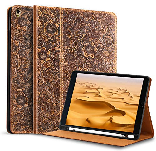 Gexmil Leder Hülle für iPad Air 3. Gen. 10.5 2019,iPad Pro 10.5 2017 | Premium Echtleder Cover/Flip mit Stifthalter,Auto Schlaf/Aufwachen,Schutzhülle Einstellbarer Ständer,Stoßfest,Blume Braun