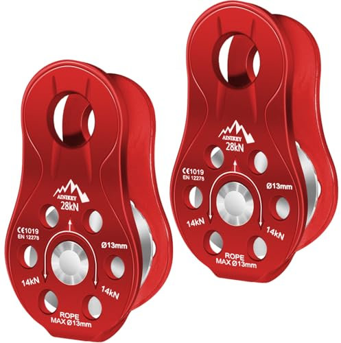 AINIKEY Fixed Plate Micro Pulley, 28KN CE Certified General Purpose Small Aluminum Rope Pulleys Slack Tender for Hauling/Rigging/Climbing/Aloft Work/Rappelling etc (Pack of 2(28KN Pulley Red))