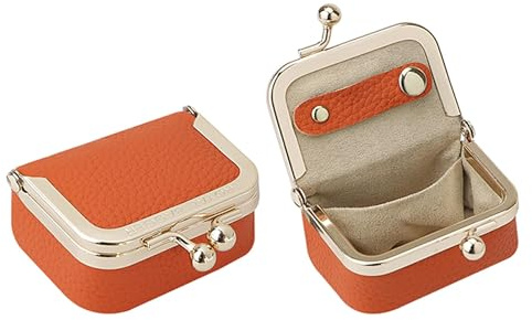 Royal Bagger Genuine Cow Leather Mini Jewelry Box Women's Coin Purse Solid Color Kiss Lock Change Pouch Casual Style Small Storage Bag for Women 1894 (Orange)
