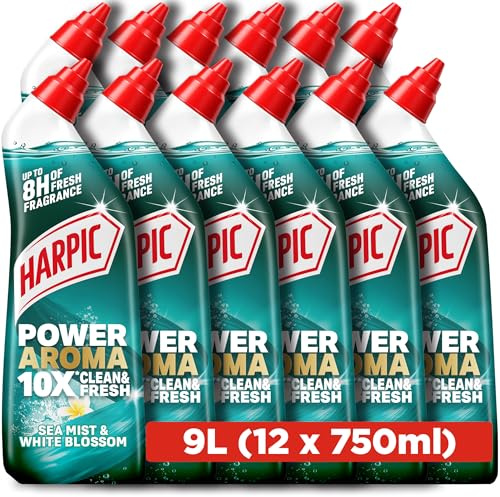 Harpic, Power Aroma 10X Toilet Cleaning Gel, Sea Mist & White Blossom Fragrance, 750ml (12 x 750ml, Total 9.0L), 8 Hours of Fresh Fragrance, Kills 99.9% of Bacteria