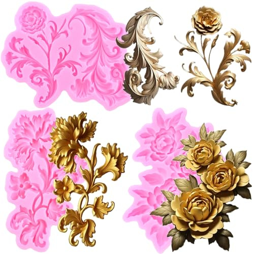 RFGHAC Lot de 3 moules à fondants baroques européens en relief, moules en silicone motif vigne pivoine fleur bordure moule pour décoration de gâteau chocolat pâte à sucre pâte polymère bonbon